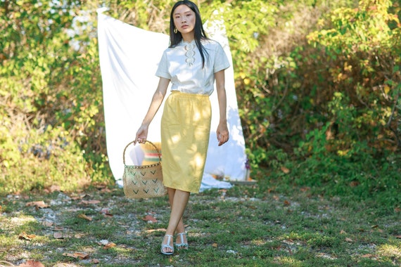 80s Bright Yellow Cotton Skirt Vintage Classic Pe… - image 1