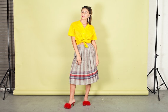 70s Gray Striped School Girl Skirt Vintage Plaid … - image 1