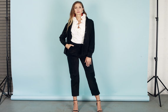 80s Black Suede Long Sleeve High Waisted Suit Vint
