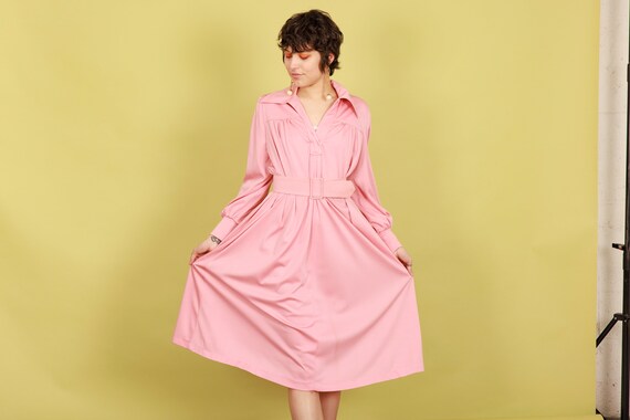 70s Rose Pink Aline Flared Dress Vintage Belted L… - image 7