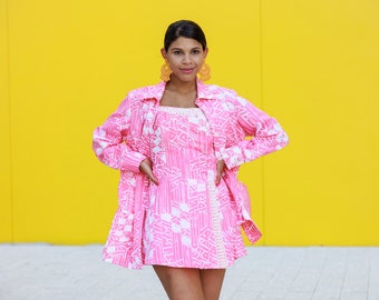 50s Pink Graphic Print Romper Set: Vintage Blouse Playsuit