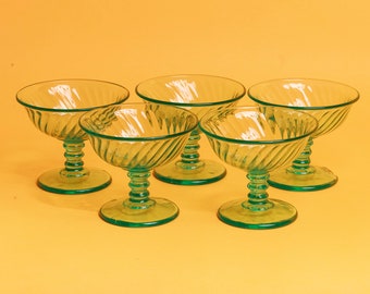 Set of 5 60s Teal Green Clear Glass Cups Vintage Cocktail Glasses Ice Cream Cups