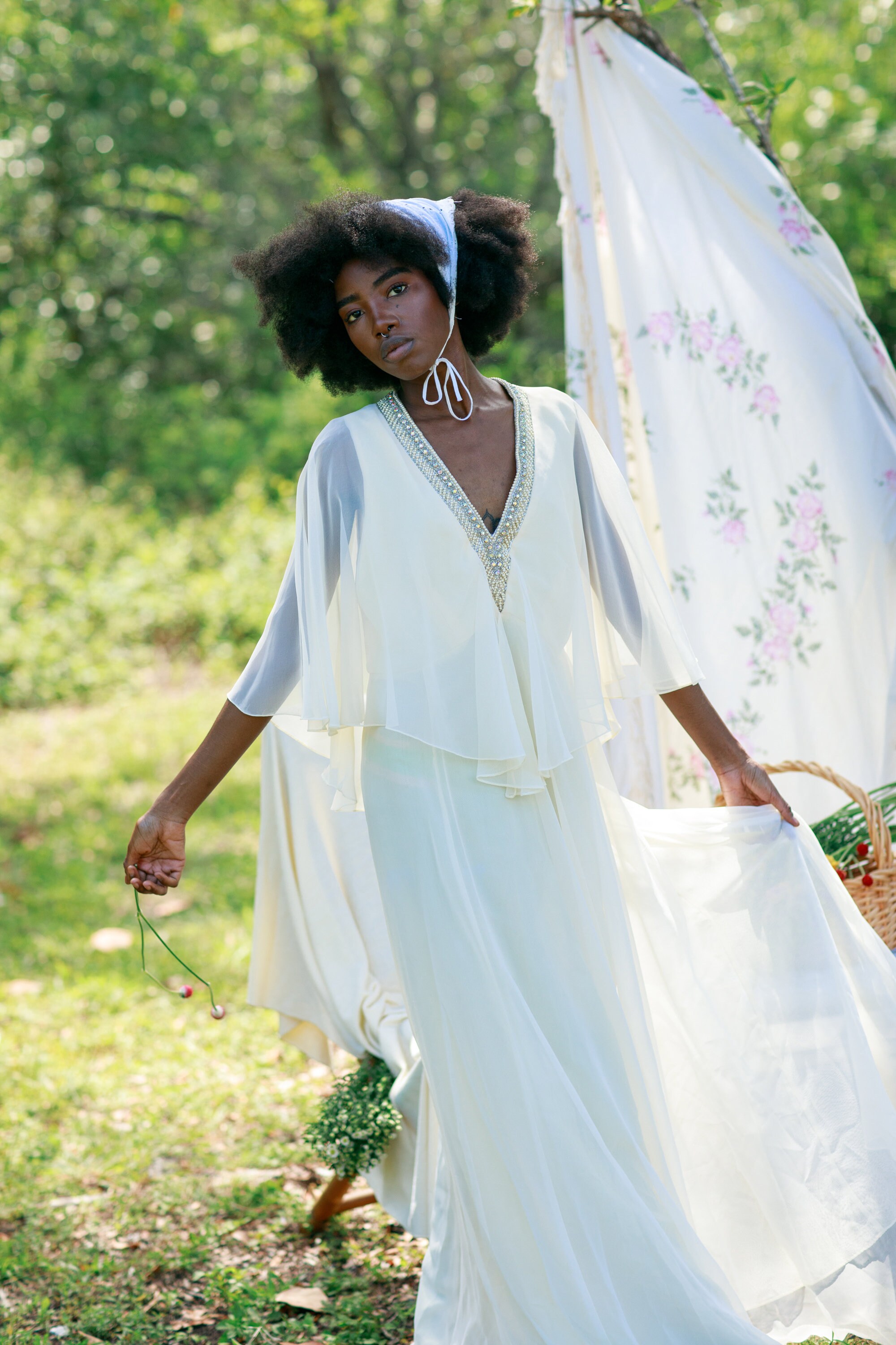 70s Cream Chiffon Rhinestone Ethereal Dress Vintage Romantic 70s Cream Chiffon Rhinestone Ethereal Dress Vintage Romantic
