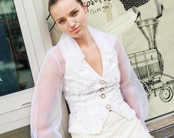 80s White Organza Sheer Sleeve Embroidered Blouse Vintage Lillie Rubin Long Sleeve Lace Statement Bridal Reception Blouse