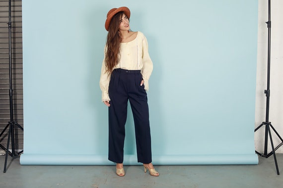 80s Dark Blue Belted Trousers Vintage Straight Le… - image 7