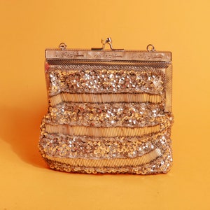 60s Silver Sequin Chain Strappy Purse Vintage Beaded Embellished Art Deco Coin Purse Clutch image 6