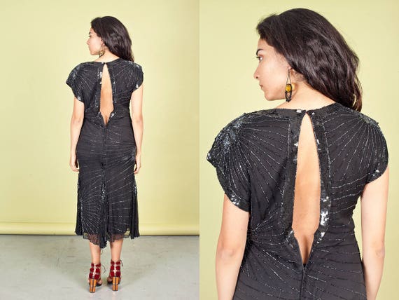 80s Black Mermaid Sequin Dress Vintage Open Back … - image 5