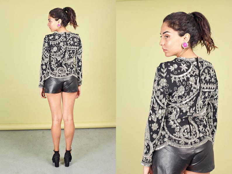 80s Black Silver Beaded Bouse Vintage Sequin Long Sleeve Top image 4