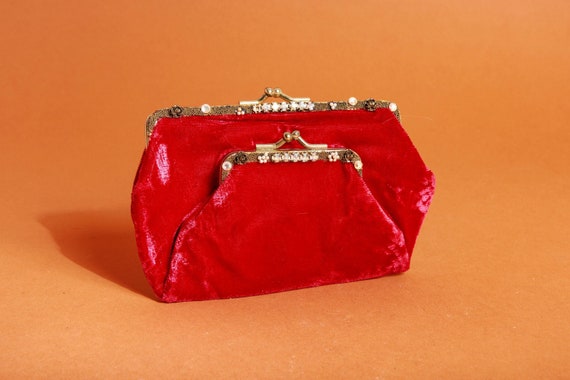 70s Bright Red Velvet Rhinestone Coin Purse Vinta… - image 1