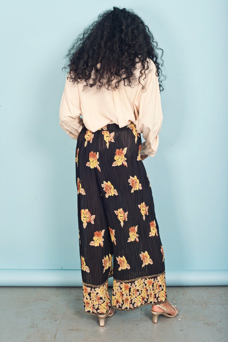 80s Black Floral Sheer Pants Vintage High Waisted Pleat Wide Leg Pants