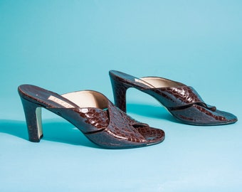 80s Dark Chocolate Brown Leather Embossed Heels Vintage Criss Cross Strappy Heels