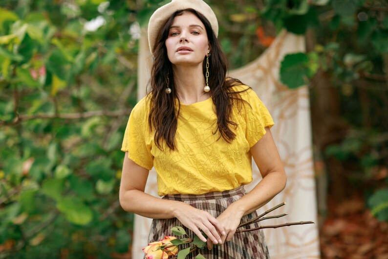 80s Bright Yellow Eyelet Cotton Blouse Vintage Short Sleeve Embroidered Crop Top image 1