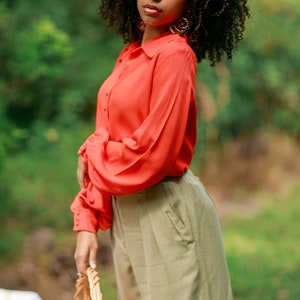 60s Bright Orange Balloon Sleeve Blouse Vintage Rayon Long Sleeve Button Down Top image 8