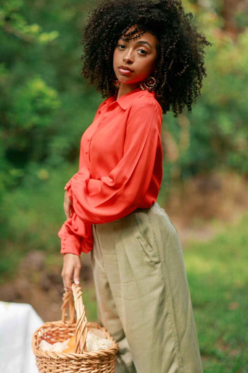 60s Bright Orange Balloon Sleeve Blouse Vintage Rayon Long Sleeve Button Down Top image 8