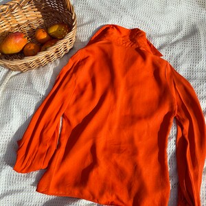 60s Bright Orange Balloon Sleeve Blouse Vintage Rayon Long Sleeve Button Down Top image 9