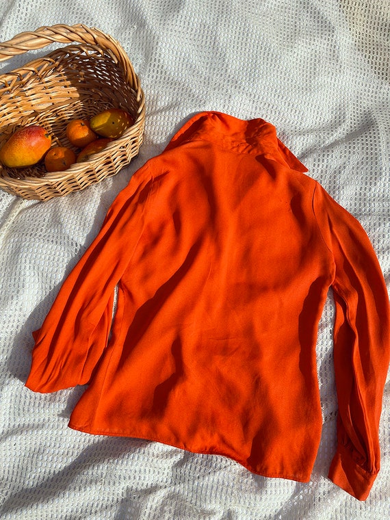 60s Bright Orange Balloon Sleeve Blouse Vintage Rayon Long Sleeve