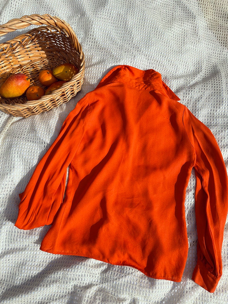 60s Bright Orange Balloon Sleeve Blouse Vintage Rayon Long Sleeve Button Down Top image 9