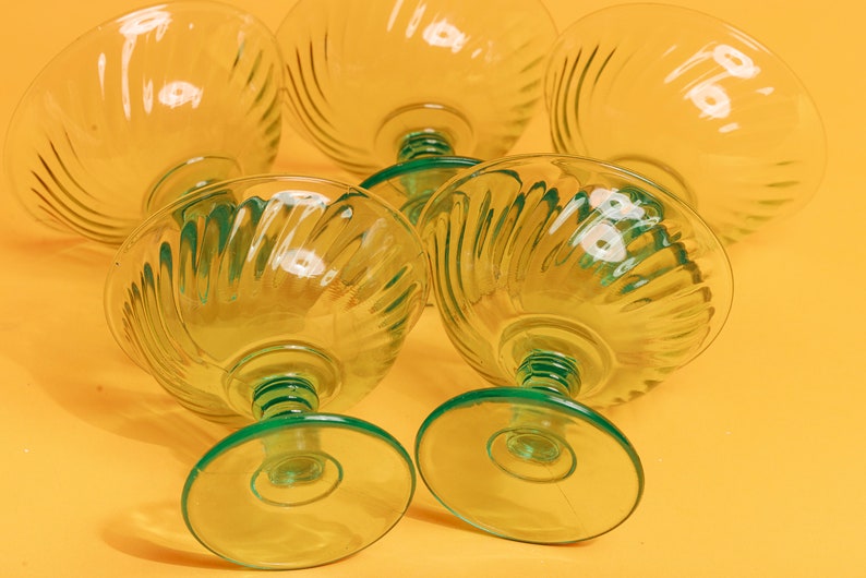 Set of 5 60s Teal Green Clear Glass Cups Vintage Cocktail Glasses Ice Cream Cups image 6