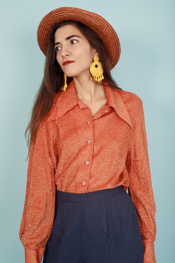 70s Orange Glitter Blouse Vintage Long Sleeve Shi… - image 2