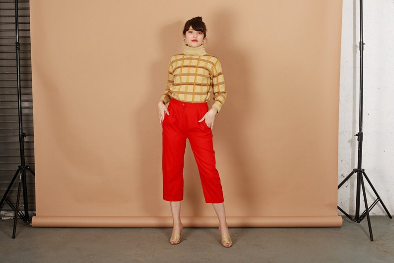 80s Bright Red High Waisted Linen Pants Vintage Cropped Straight Leg Petite Trousers image 1