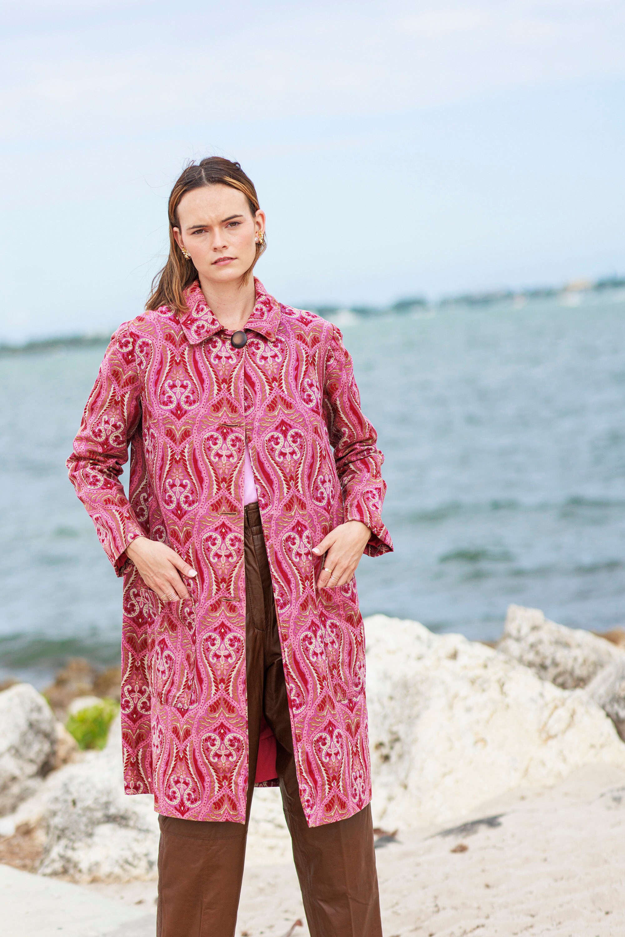 50s Pink Paisley Print Tapestry Coat Vintage Long Sleeve Colorful