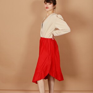 70s Apple Red Ruffles Skirt Vintage High Waisted Asymmetrical Skirt image 2