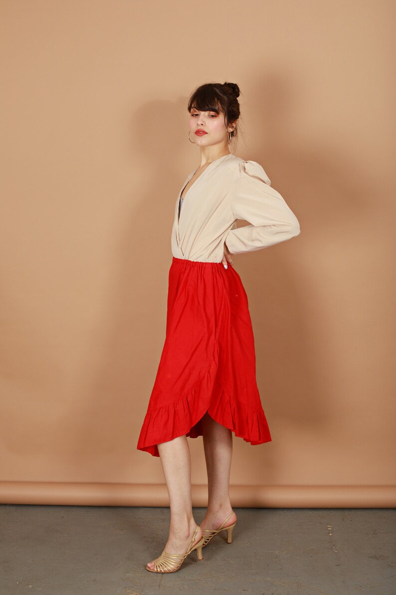 70s Apple Red Ruffles Skirt Vintage High Waisted Asymmetrical Skirt image 2