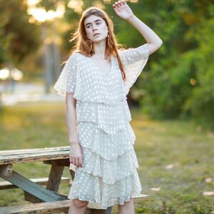 80s Beige Tiered Ruffle Formal Dress Vintage Printed Romantic Chiffon Ruffles Dress image 7