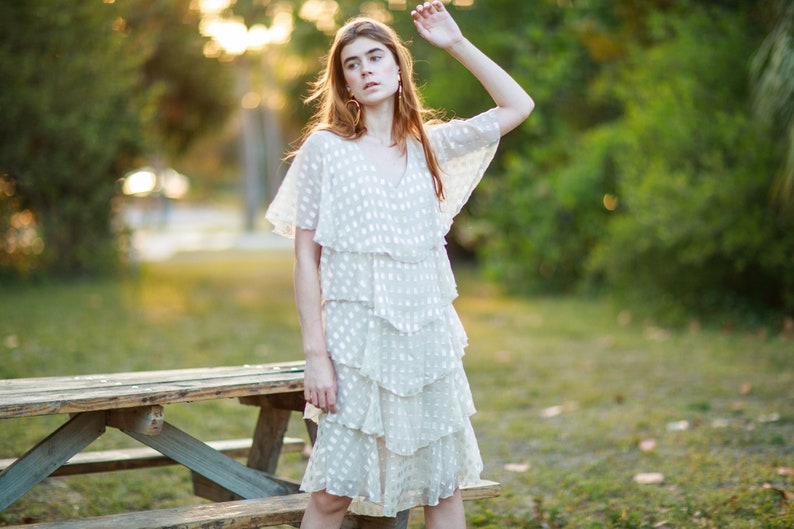 80s Beige Tiered Ruffle Formal Dress Vintage Printed Romantic Chiffon Ruffles Dress image 7