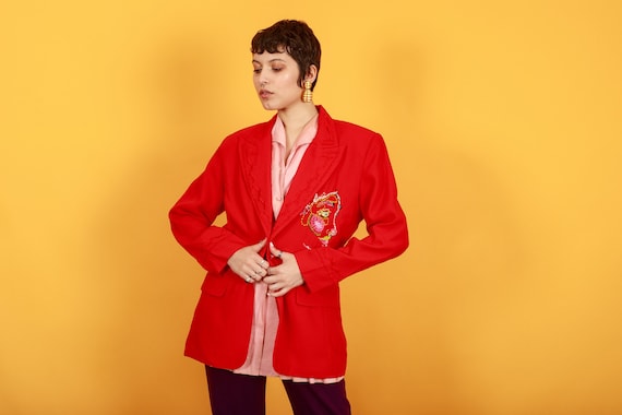 Buy 80s Bright Red Hand Embroidered Face Blazer Vintage Reworked