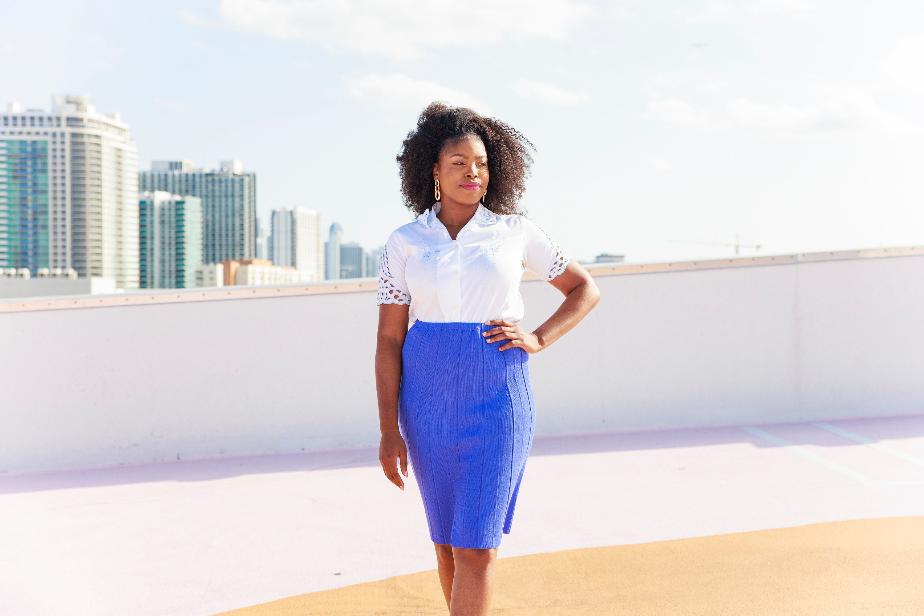 70s Royal Blue Knit Pencil Skirt Vintage High Waisted Jersey Pleat