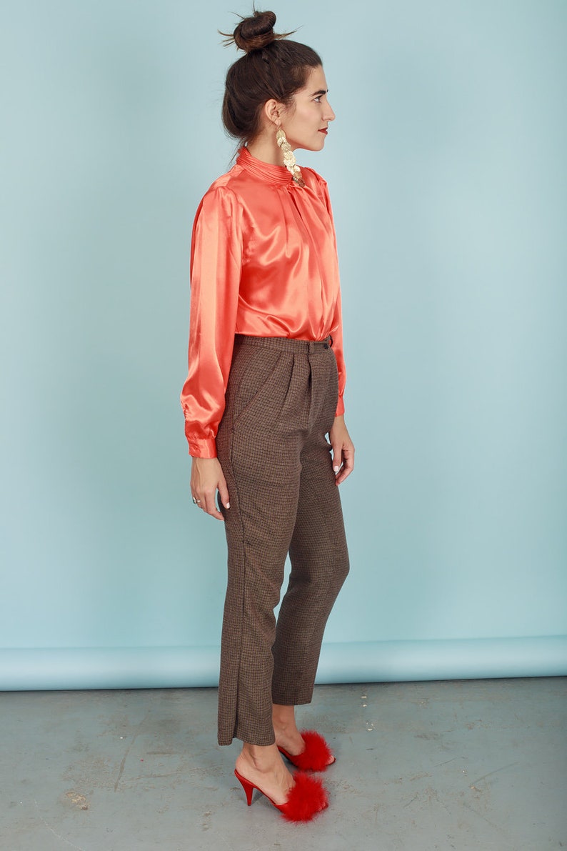 80s Dark Brown Plaid Soft Trousers Vintage Belted High Waisted Pants