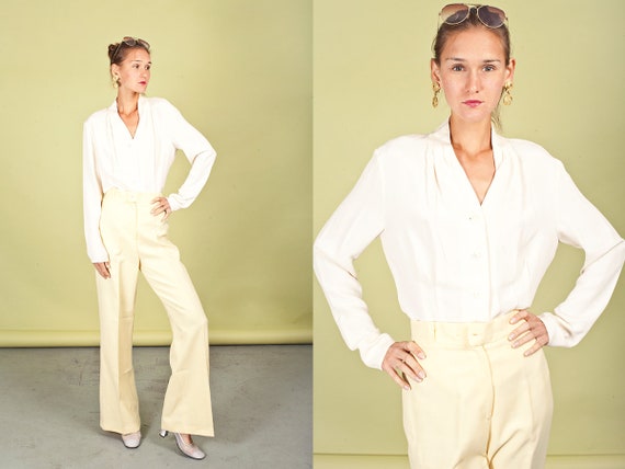70s Light Yellow Knit Pants Vintage Bell Bottom Hi