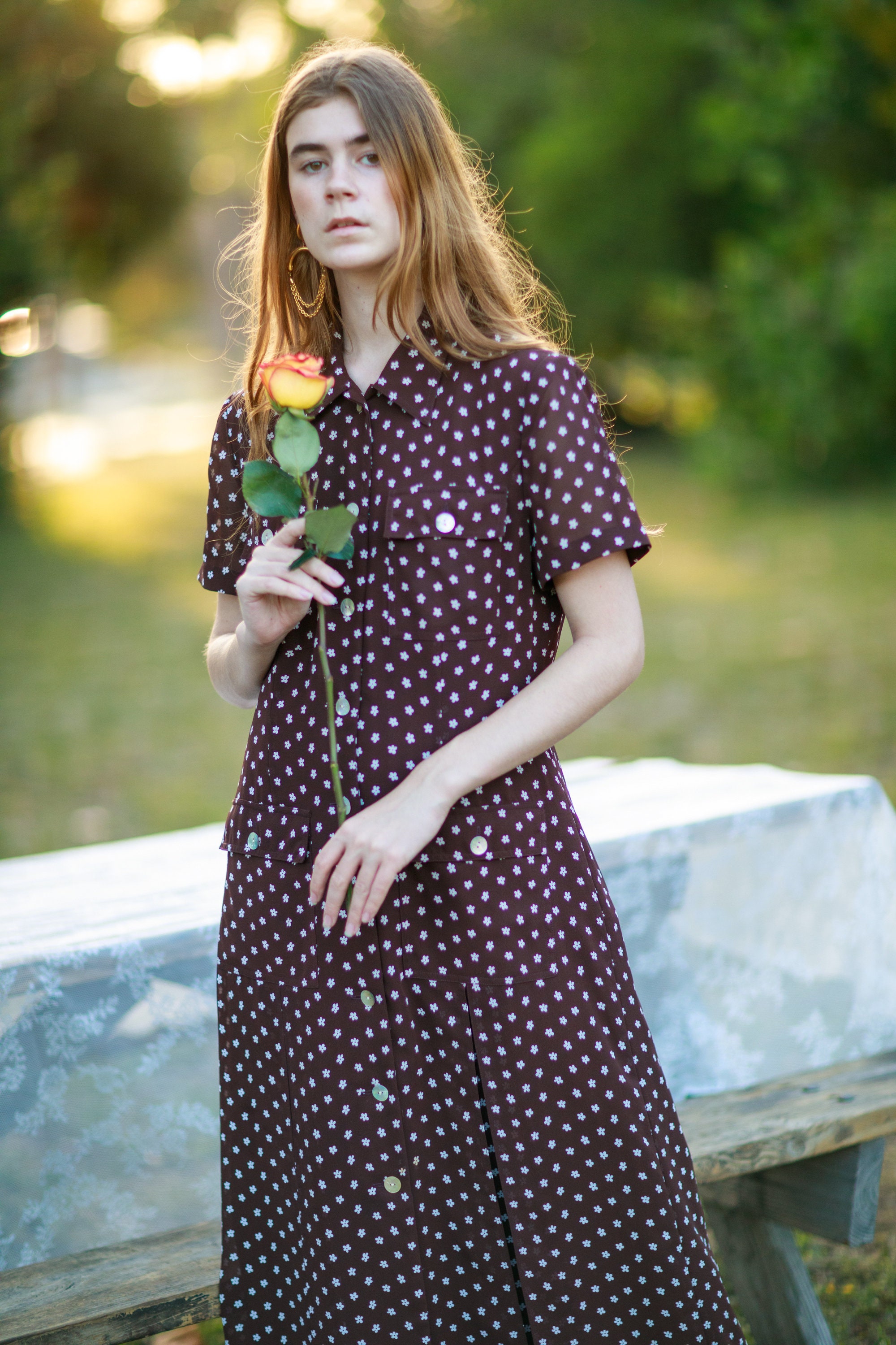90s daisy dress 90s Brown White Small Daisy Print Dress Vintage Long Maxi Floral Shift Dress