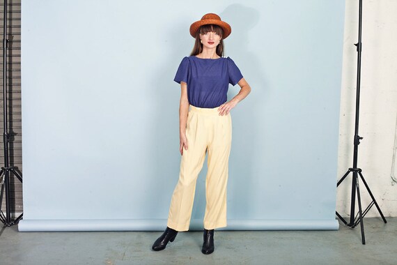 80s Light Yellow Rayon Pants Vintage Straight Ela… - image 1