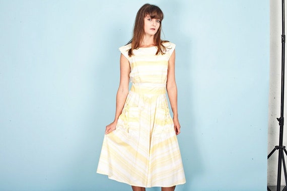 50s Yellow Striped Spring Dress Vintage Pocket Sl… - image 1