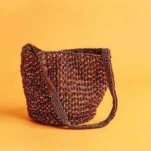 Jaren 90 bruin met kralen bezette tas met handvat, vintage pailletten, klein satijnen glinsterend zakje met rits