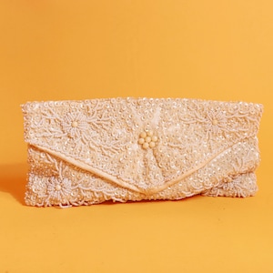 Bolso de satén beige con lentejuelas y cuentas de los años 50, bolso de mano formal nupcial vintage