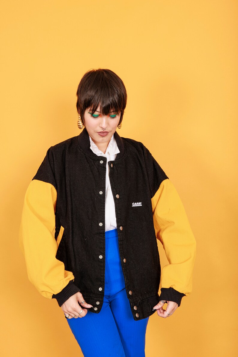 80s Black Yellow Varsity Jacket Vintage Long Sleeve Oversize Unisex Bomber Jacket image 6