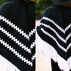 60s Fringe Poncho Vintage Black White Striped Knitted Poncho image 3