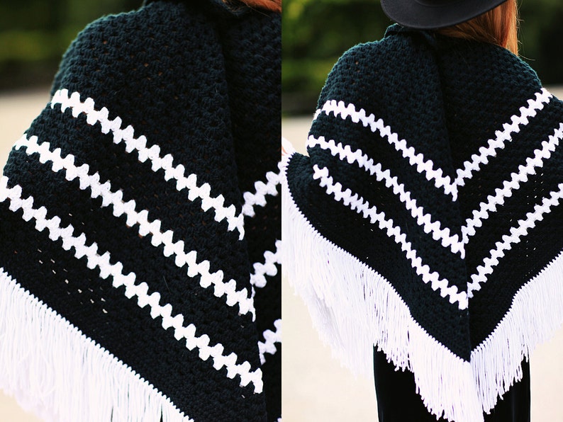 60s Fringe Poncho Vintage Black White Striped Knitted Poncho image 3