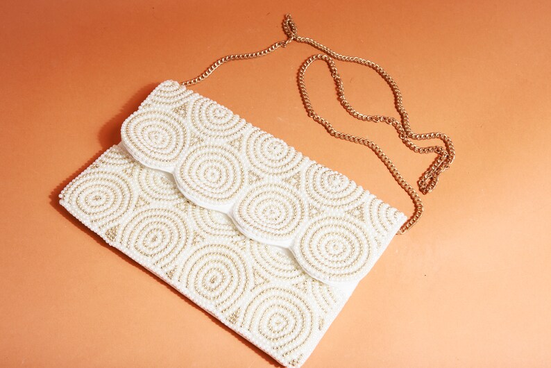 90s Light Beige Beaded Swirl Evening Purse Vintage Cotton Formal Chain Bag image 9