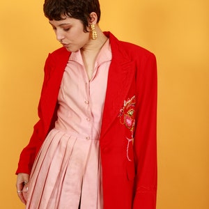 80s Bright Red Hand Embroidered Face Blazer Vintage Reworked Jacket image 6