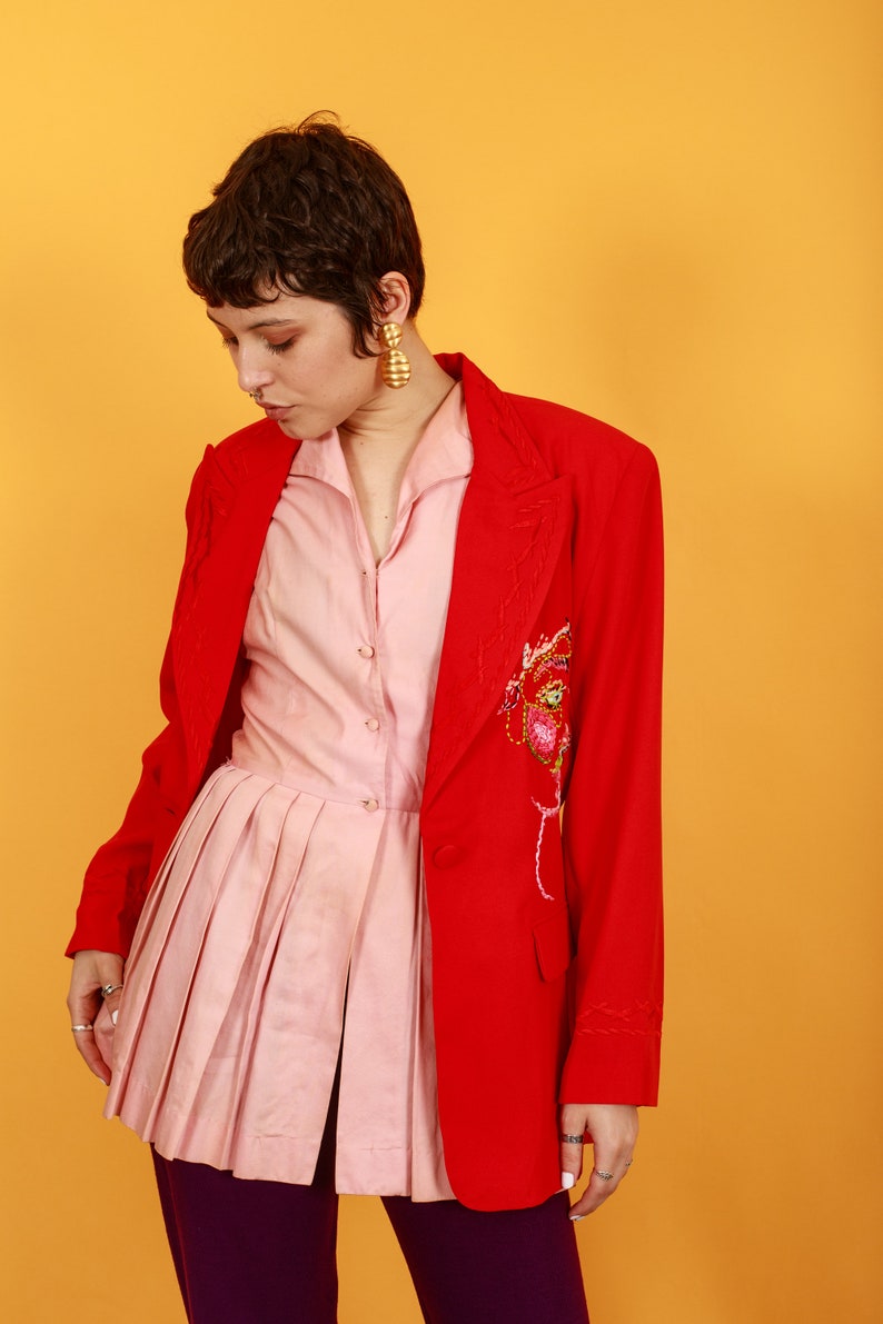 80s Bright Red Hand Embroidered Face Blazer Vintage Reworked Jacket image 6