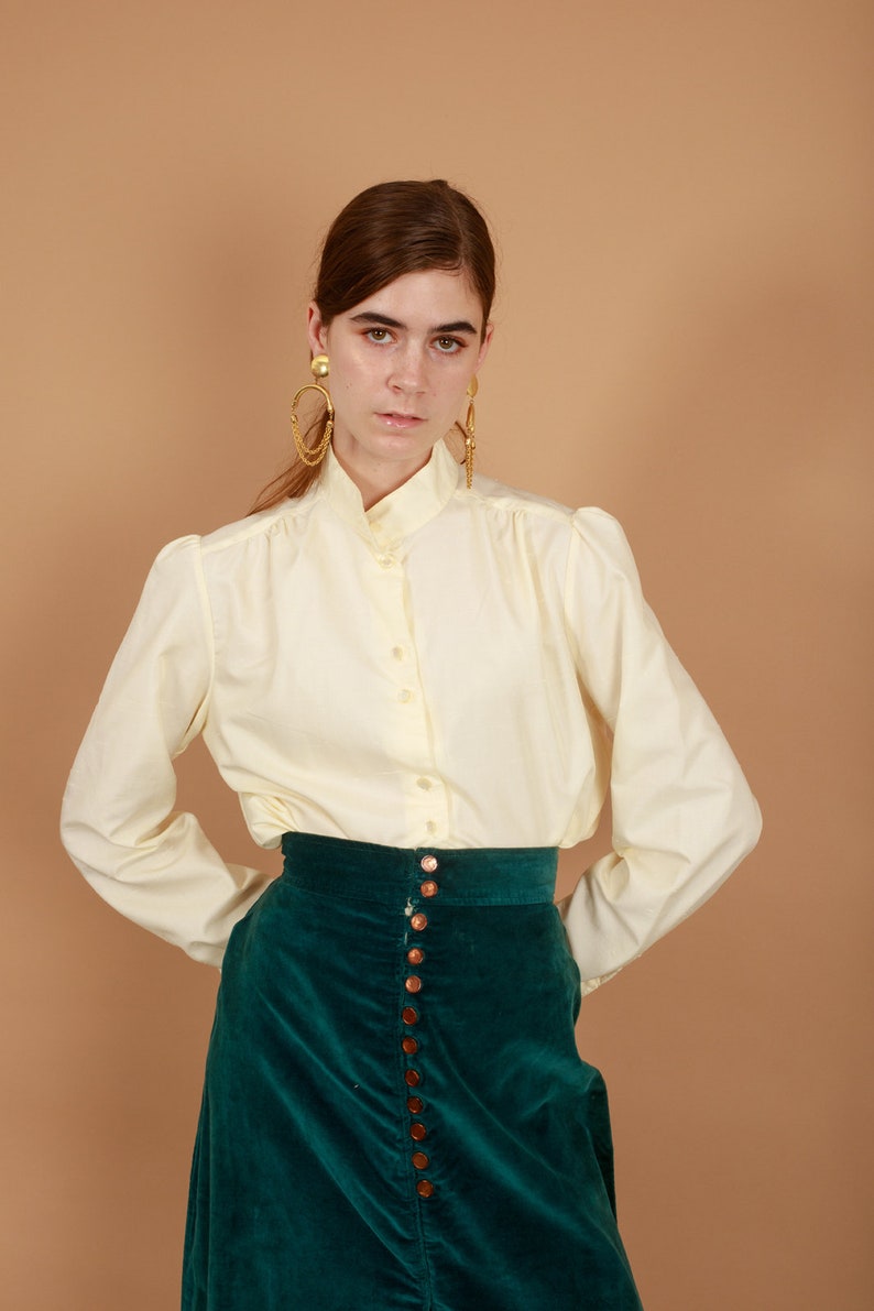 70s Emerald Green Velvet High Waisted Skirt Vintage A Line Button Skirt image 4