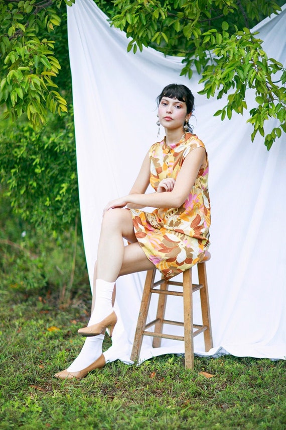 60s Orange Brown Floral Shift Dress Vintage Mod Fo