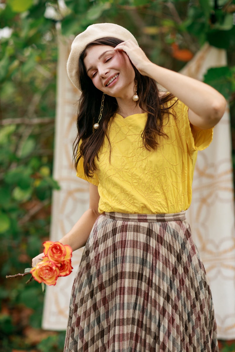 80s Bright Yellow Eyelet Cotton Blouse Vintage Short Sleeve Embroidered Crop Top image 8