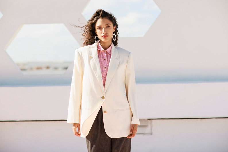 80s Light Cream Textured Blazer vintage Classic Veste en lin à manches longues image 3