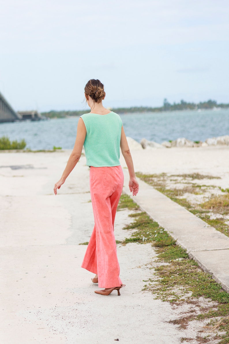 70s Peach Pink Suede High Waisted Pants Vintage Flared Wide Leg Stitched Trousers image 10