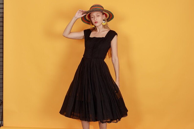 50s Black Party Dress Vintage Bow Pleated Fitted Swing Party Dress image 2